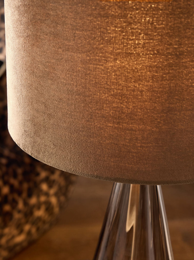 Chocolate brown Rimini table lamp with velvet shade, imported from the UK
