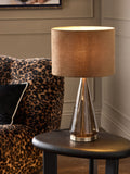 Chocolate brown Rimini table lamp with velvet shade, imported from the UK