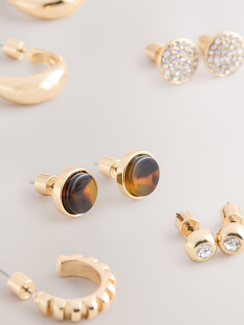 Brown and gold tone stud and hoop earrings 6 pack, imported from the UK
