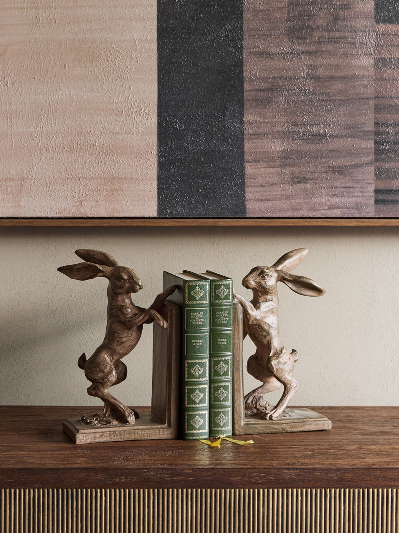 Libra Interiors rustic standing hare bookends 23cm, imported from the UK