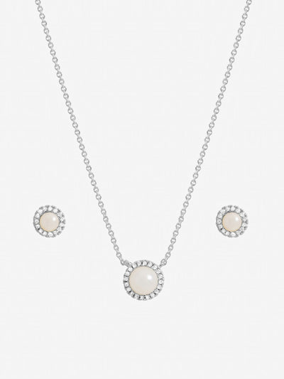 Next Inicio Sterling Silver Plated Pearl Halo Necklace and Earrings Gift Set- Buy online at McGrocer