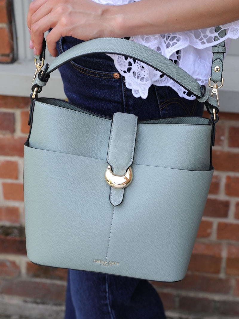 Luella Grey Green Indra bucket cross-body bag, imported from the UK