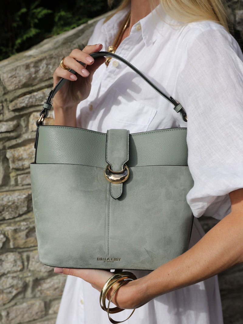 Luella Grey Green Indra bucket cross-body bag, imported from the UK