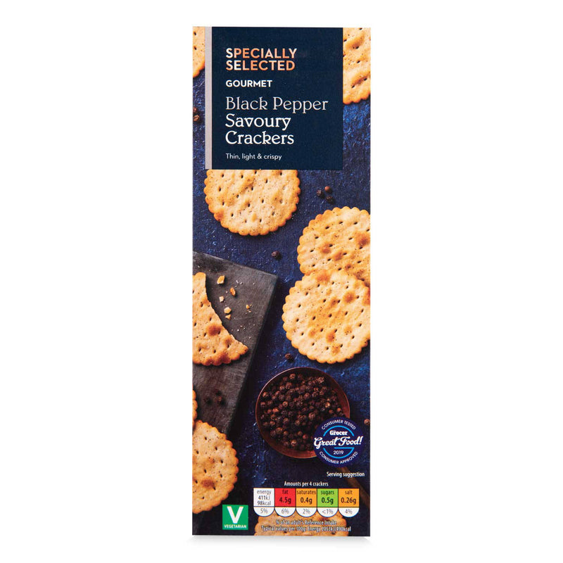 Gourmet black pepper savoury crackers, imported from the UK