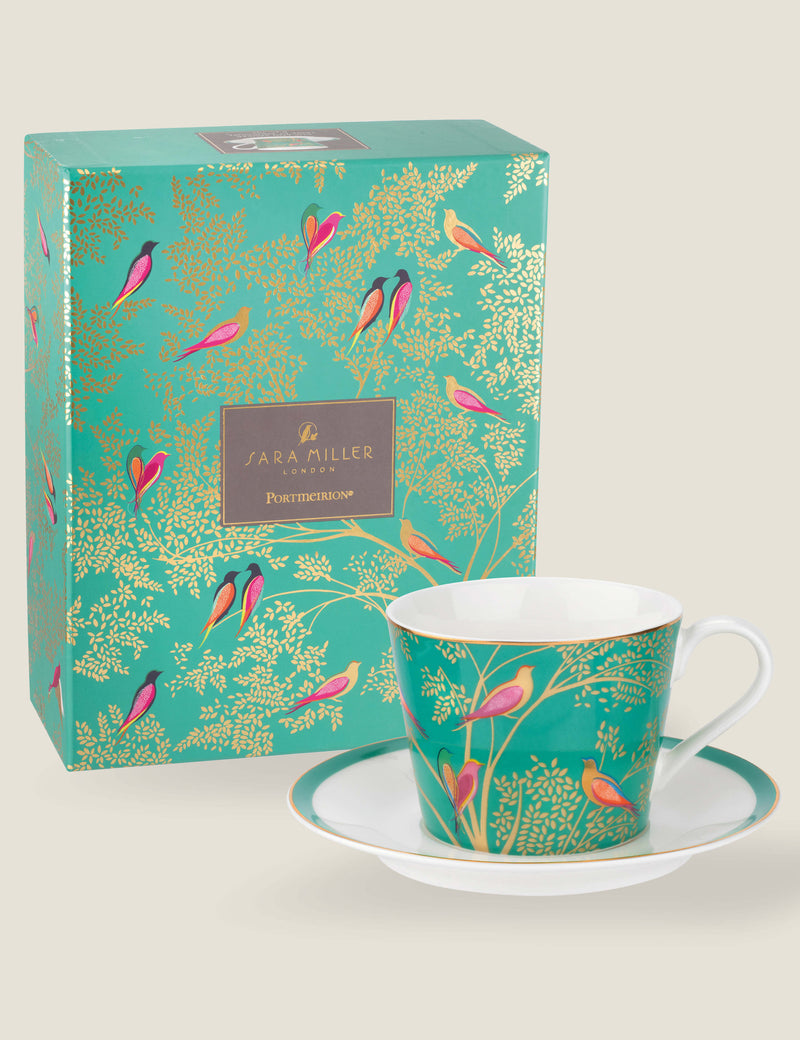 Sara Miller Green Bird fine china cup and saucer (British brand)