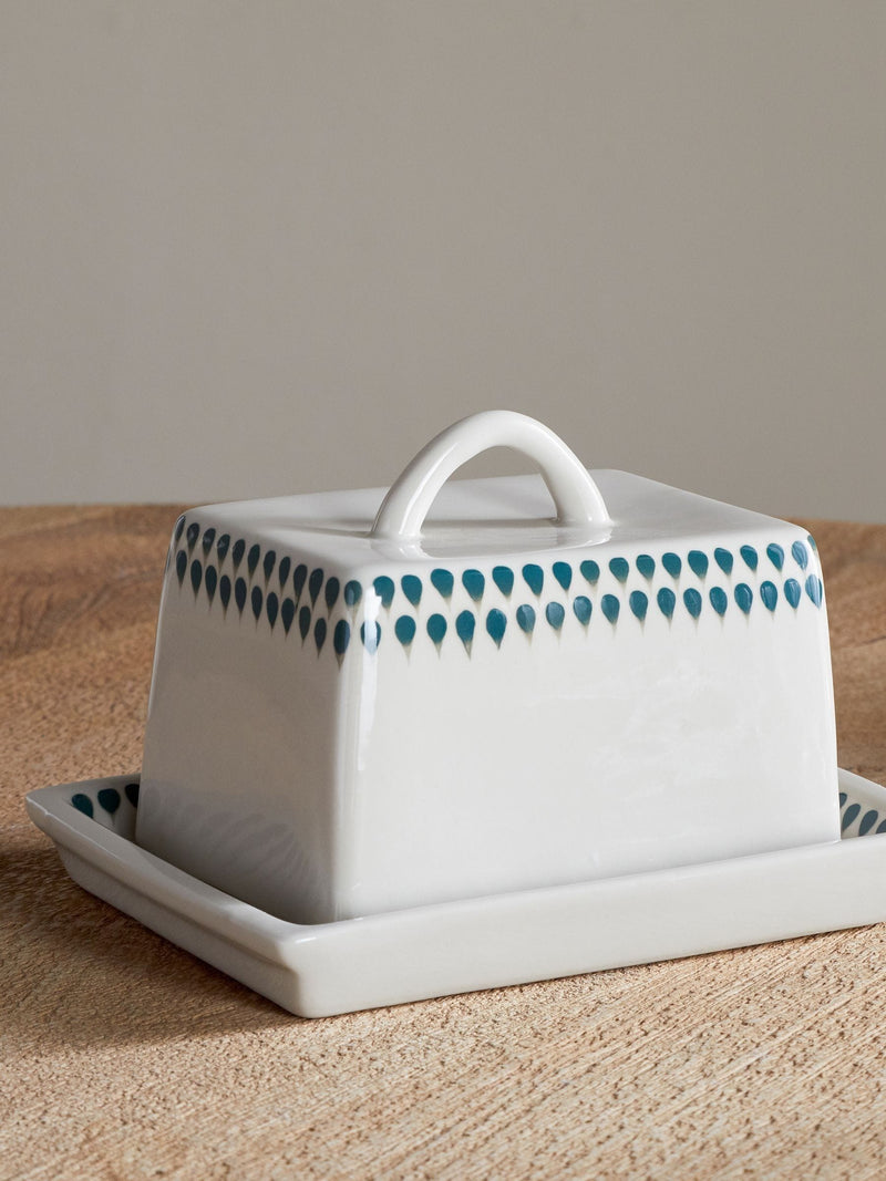 Nkuku Cream butter dish with Juniper Drop design, imported from the UK