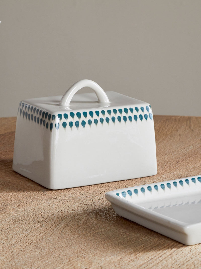 Nkuku Cream butter dish with Juniper Drop design, imported from the UK