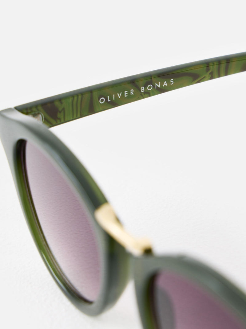 Oliver Bonas preppy sunglasses green marbled arms purple lenses (British brand)