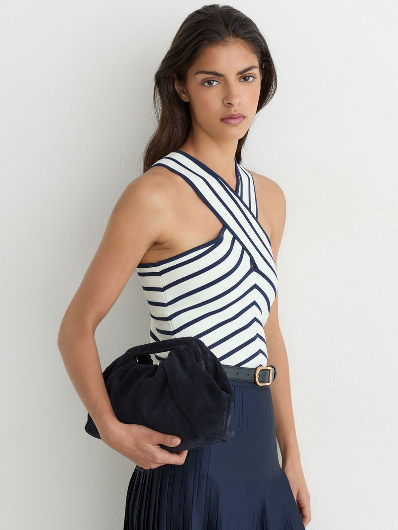 Reiss navy suede clutch bag with cut-out handle (British brand)