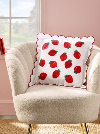 Next Catherine Lansfield Red Strawberry Embroidered Scalloped Edge Cushion 45x45cm- Buy online at McGrocer