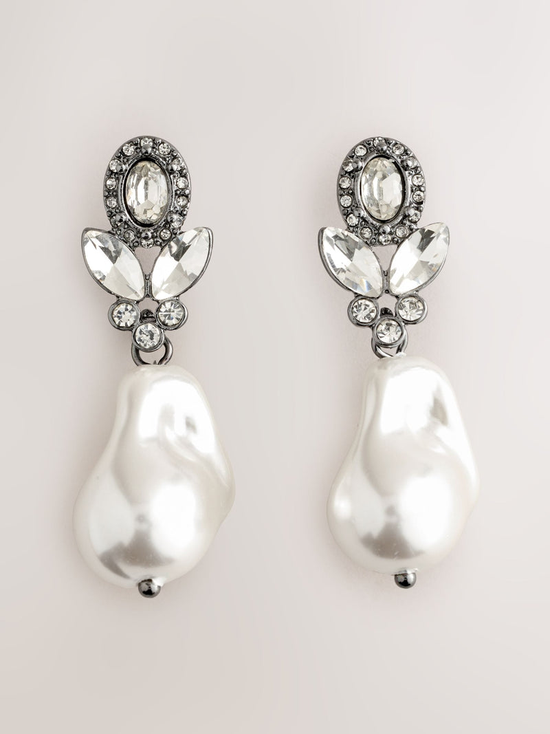 Sparkle pearl effect drop earrings pewter tone, UK version