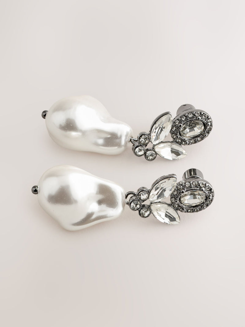 Sparkle pearl effect drop earrings pewter tone, UK version