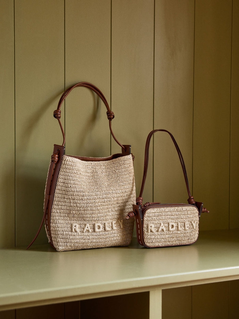 Radley Camden raffia small shoulder bag with leather trims, UK version