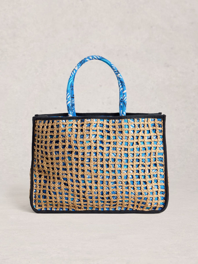 White Stuff Blue Tote Bag with jungle print and leather handles (British brand)