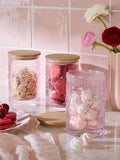 Pink pressed glass heart storage jar set, UK version