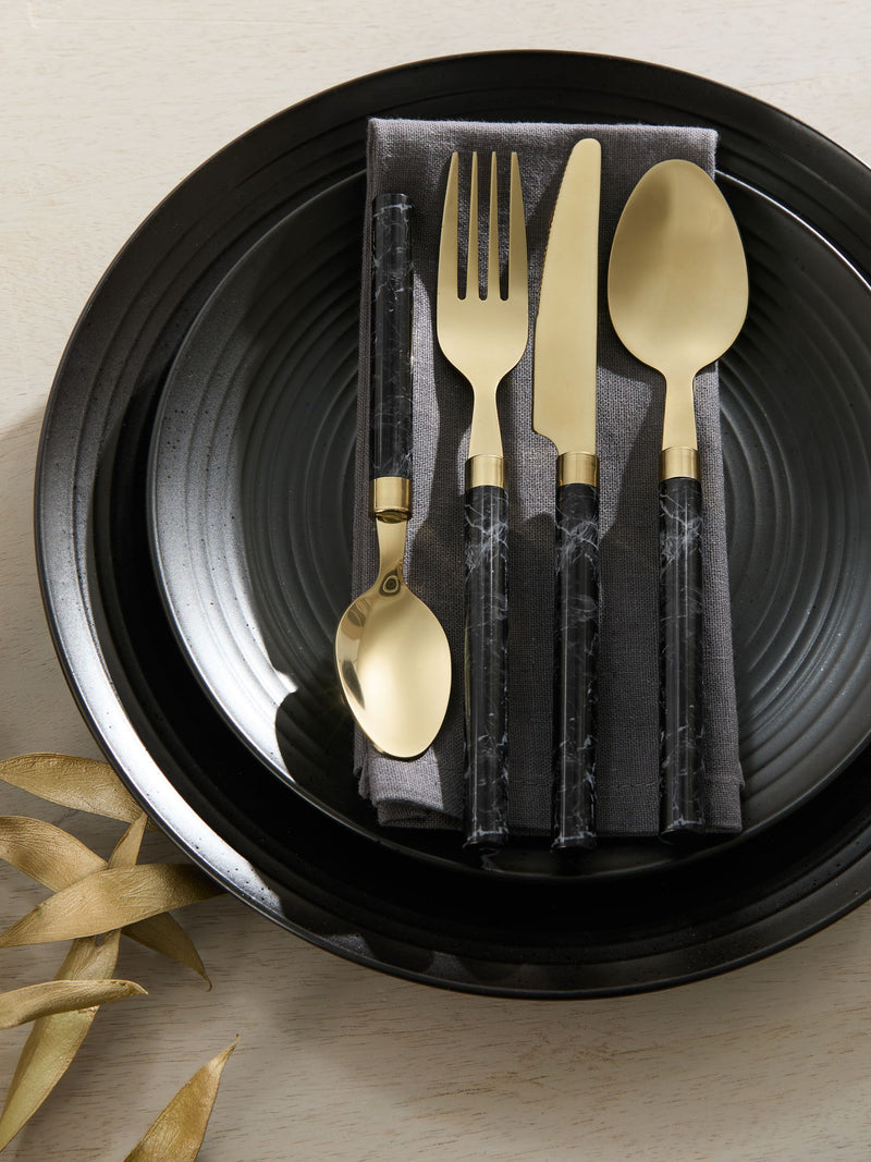 Black and gold marble effect cutlery set 16 piece - British product
