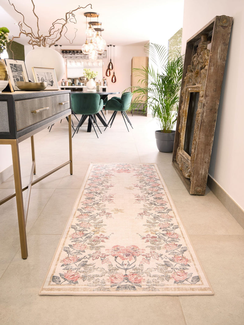 Hug Rug cream floral washable runner rug 75x220 cm - British product