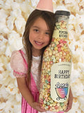 Popcorn Kitchen birthday popcorn gift bottle with sweet and salt rainbow colours, imported from the UK