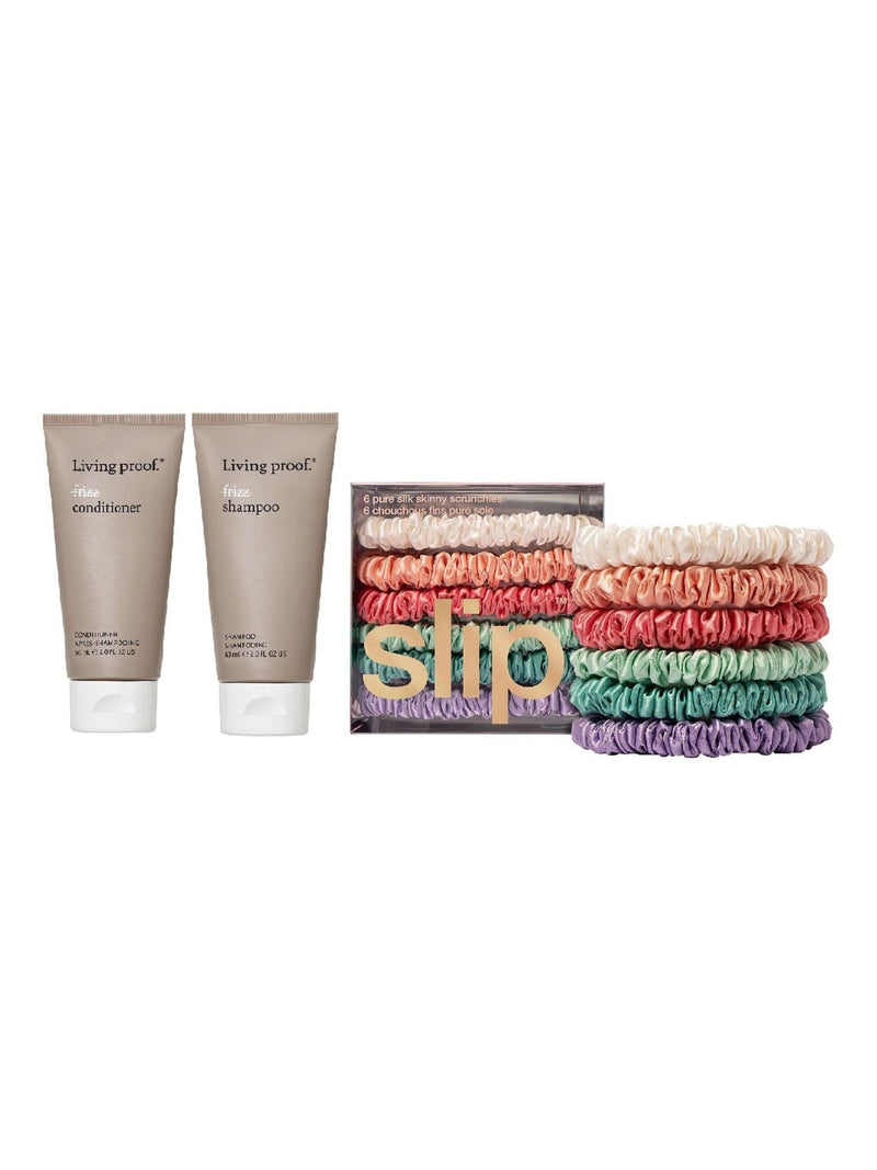 Living Proof No Frizz and Slip silk scrunchies haircare bundle, UK version
