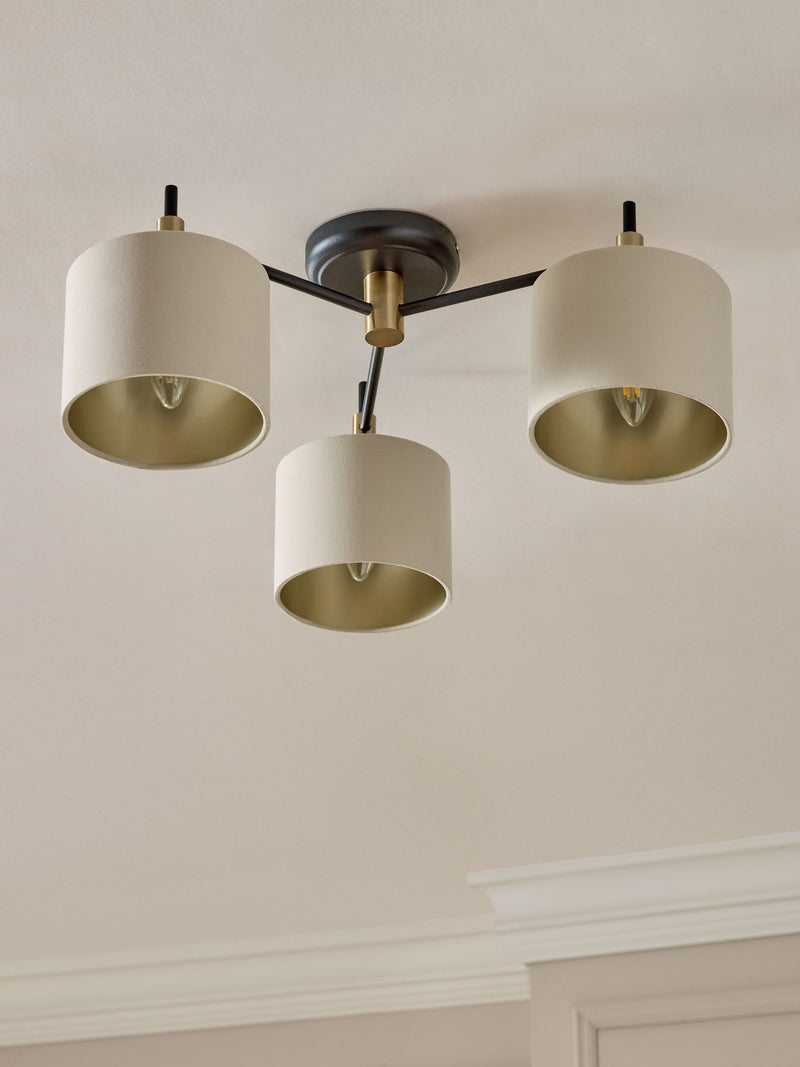 Hudson 3 light flush ceiling light with fabric shades, UK version