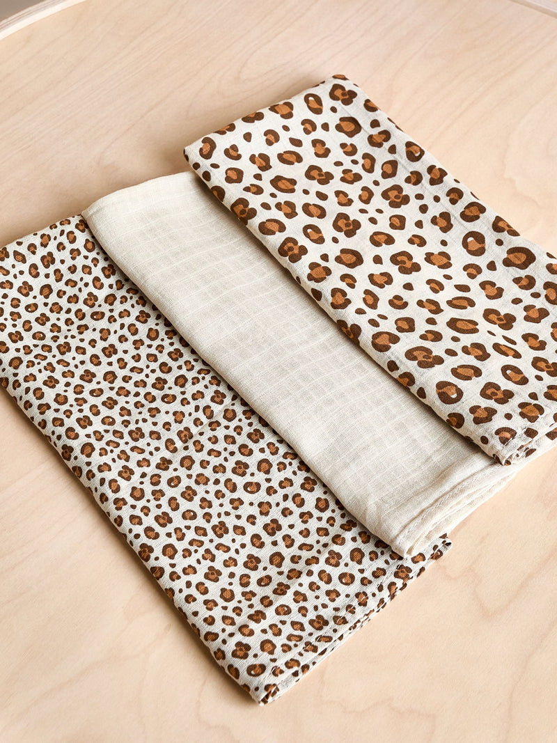 JoJo Maman Bébé leopard muslin cloths 3-pack British product
