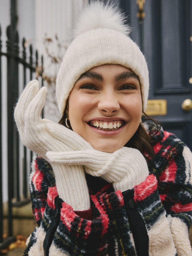 Ecru rib knit beanie with pom pom, imported from the UK
