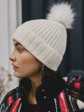 Ecru rib knit beanie with pom pom, imported from the UK