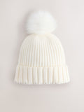 Ecru rib knit beanie with pom pom, imported from the UK