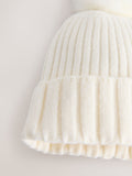 Ecru rib knit beanie with pom pom, imported from the UK