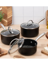 Next Prestige 3 Piece Black Scratch Guard Non-Stick Aluminium Saucepan Set- Buy online at McGrocer