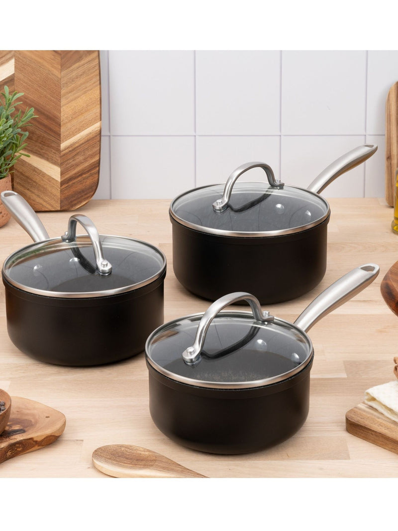 Prestige Black Scratch Guard Non-Stick Aluminium Saucepan Set, imported from the UK