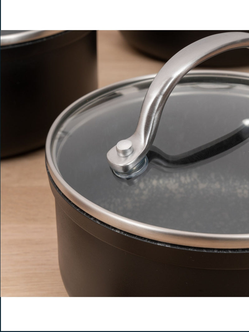 Prestige Black Scratch Guard Non-Stick Aluminium Saucepan Set, imported from the UK