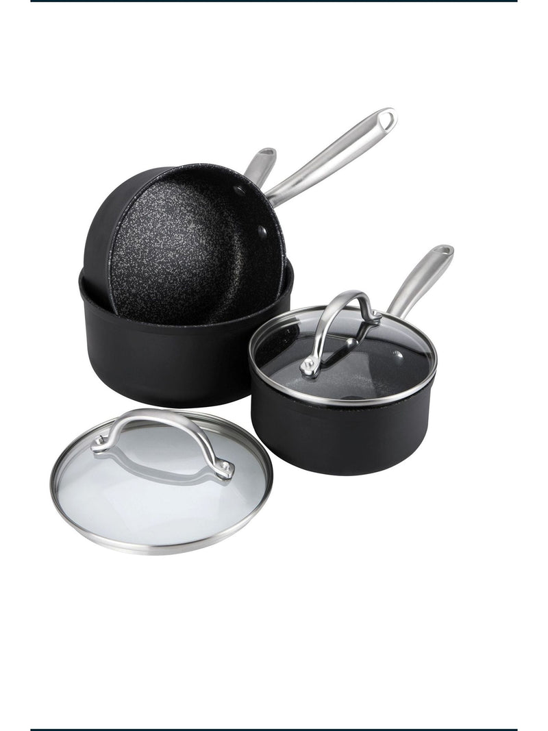 Prestige Black Scratch Guard Non-Stick Aluminium Saucepan Set, imported from the UK