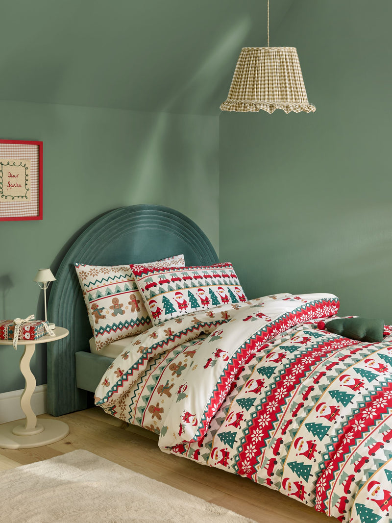 Ecru Red Fairisle Christmas duvet cover and pillowcase set - British product