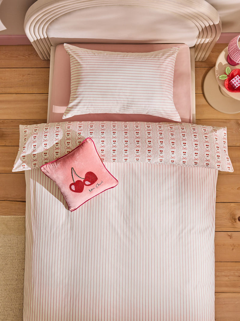 Pink Cherry Bow duvet cover and pillowcase set, imported from the UK