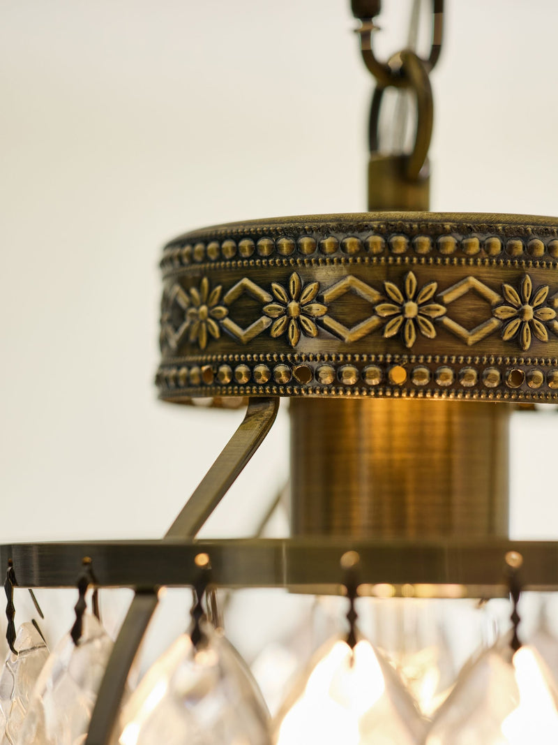 Shabby Chic brass glass pendant light with crystal droplets - British product