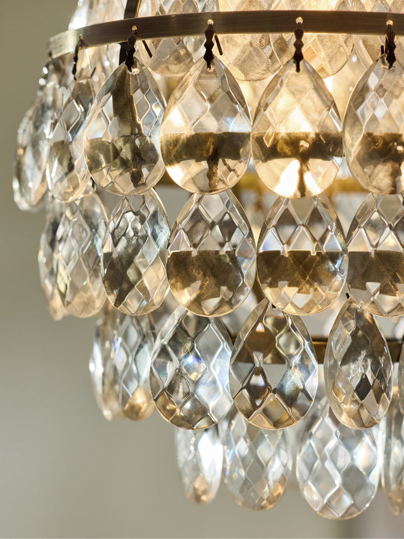 Shabby Chic brass glass pendant light with crystal droplets - British product