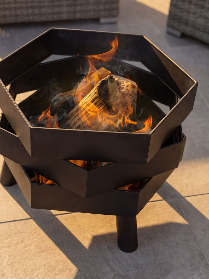 Charles Bentley black abstract steel garden fire pit (British brand)