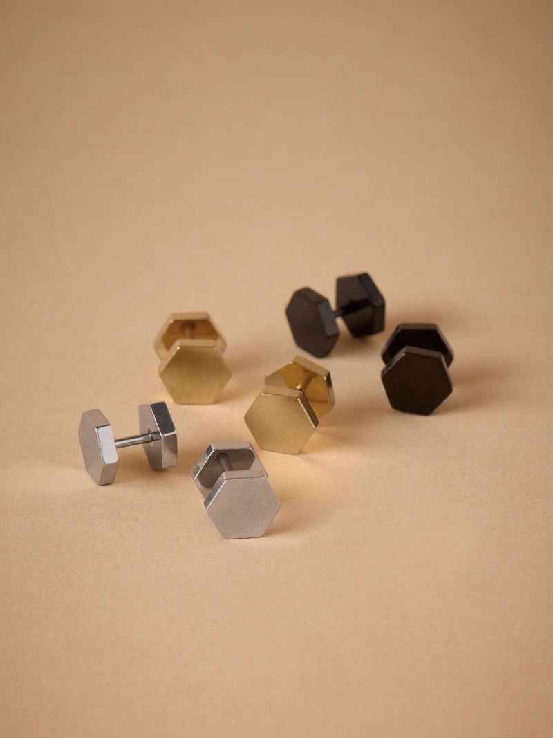 DCK Mens Silver Tone Stainless Steel Hexagon Stud Earrings Pack