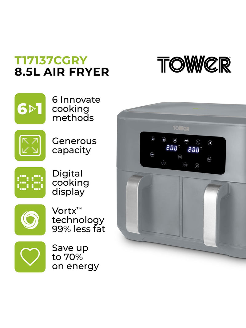Tower grey Vortx 8.5L dual basket air fryer (British brand)