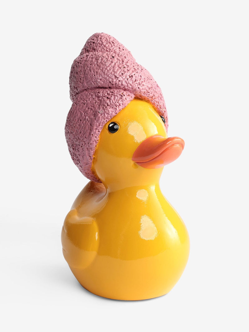 Yellow duck ornament with pink hair wrap 12.5cm, imported from the UK
