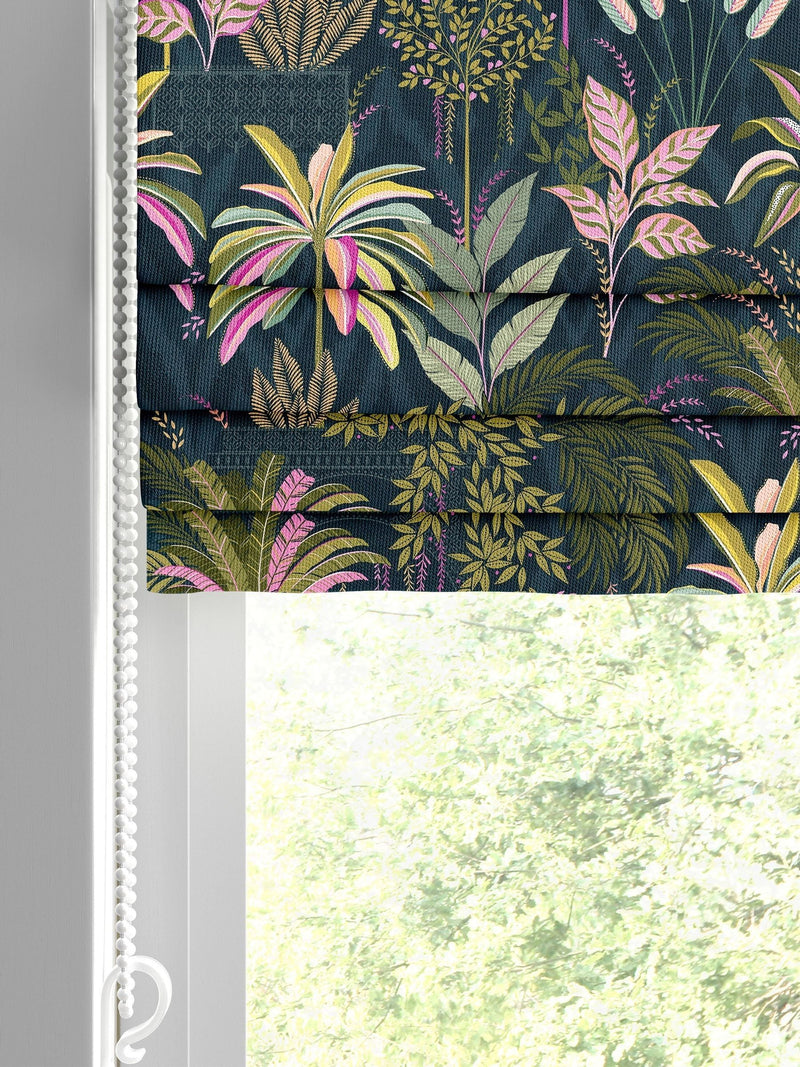 Sara Miller roman blind midnight blue faux silk palm garden, imported from the UK