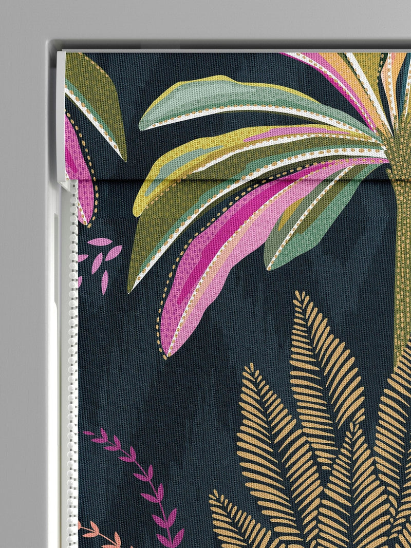 Sara Miller roman blind midnight blue faux silk palm garden, imported from the UK