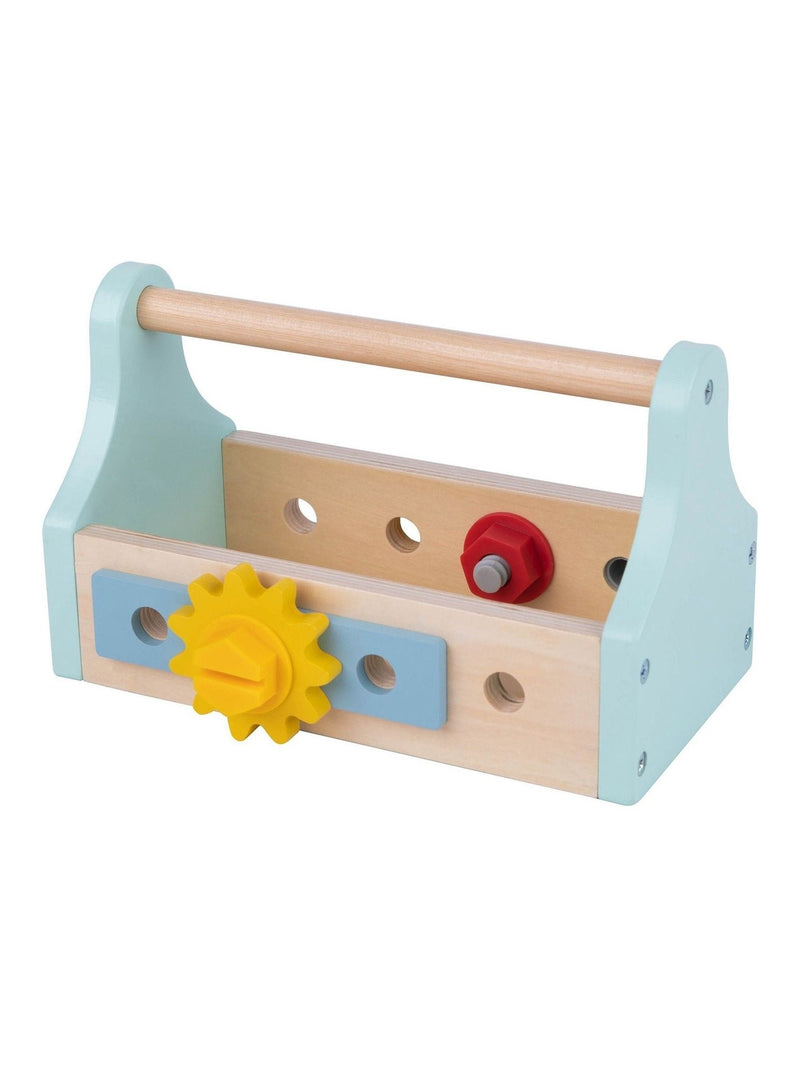 Tooky Toy wooden tool box with 17 accessories, imported from the UK