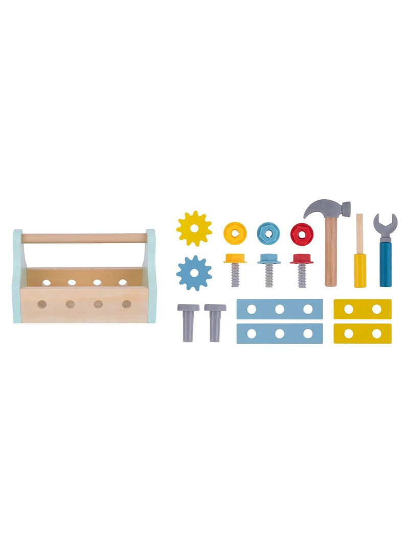 Tooky Toy wooden tool box with 17 accessories, imported from the UK