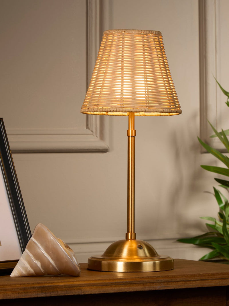 Searchlight rechargeable LED table lamp with rattan shade (British brand)