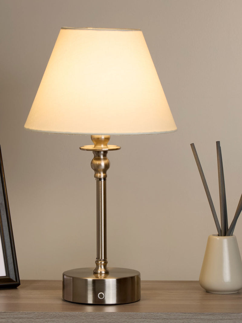 Searchlight satin nickel rechargeable LED touch table lamp 41cm (British brand)