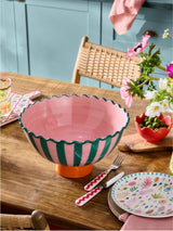 Next Lucy Tiffney Pink and Green Striped Ceramic Footed Bowl 31cm- Buy online at McGrocer