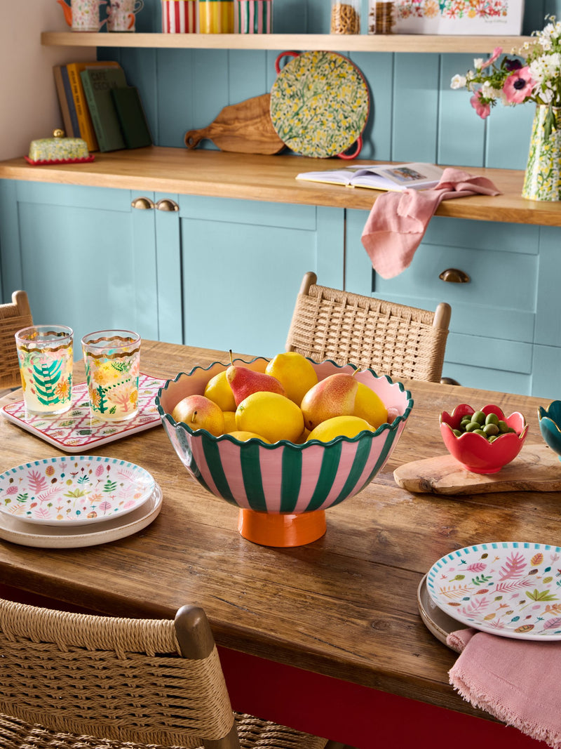 Lucy Tiffney footed bowl pink and green striped 31cm - British product