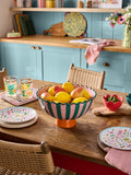 Lucy Tiffney footed bowl pink and green striped 31cm - British product